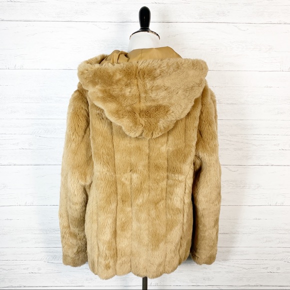 Giacca • Vintage Tan Faux Fur Hooded Coat L - Picture 8 of 8